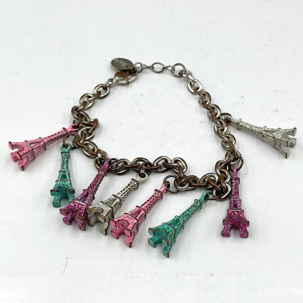 VTG Claire's Eiffel Tower Charm Bracelet Silver Tone Multi-Color Pink Teal Paris